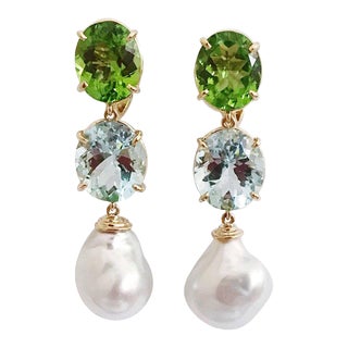 Christina Addison Three-Stone Drop Earring With Peridot Aquamarine South Sea Pearl For Sale