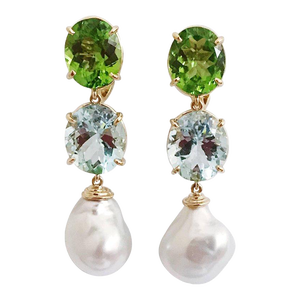 Christina Addison Three-Stone Drop Earring With Peridot Aquamarine South Sea Pearl