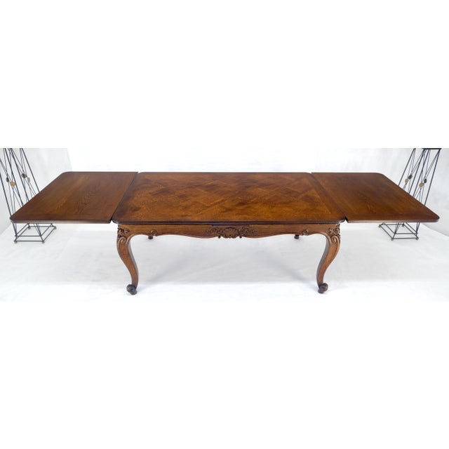 Wood Carved Oak Country French Refractory Parquetry Dining Table Table 2x29" Leaves For Sale - Image 7 of 14