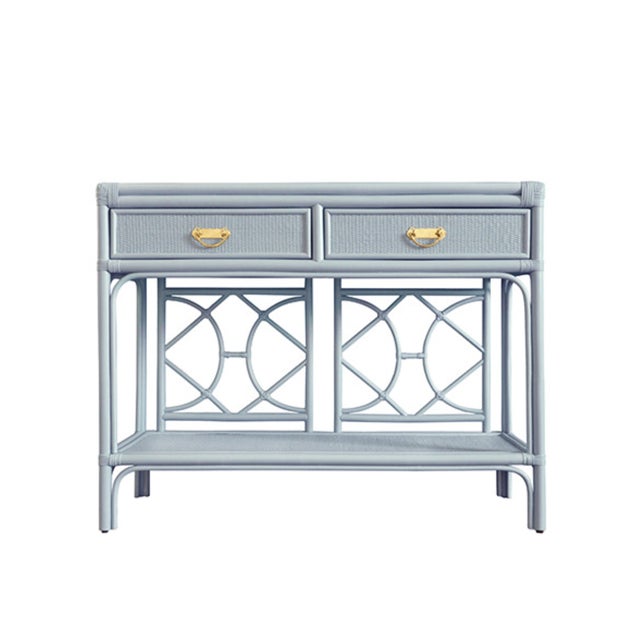 Robin's Egg Blue Matthew Izzo Home Gideon Light Blue Two Drawer Console Table With Decorative Rattan Back and Brass Hardware For Sale - Image 8 of 8
