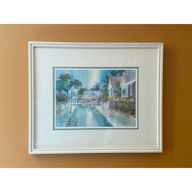 Paint Irma Quigley Original Watercolor Key West Rainy Street Signed Framed Matted For Sale - Image 7 of 11