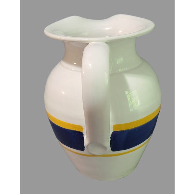 Mid-Century Modern Vintage Made in Italy White Pottery Blue & Yellow Stripes Wine Water Pitcher For Sale - Image 3 of 7