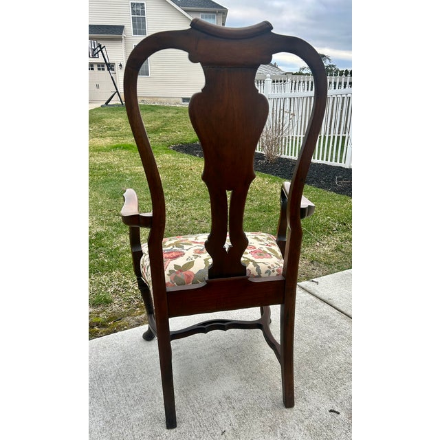 Antique Carved Walnut Queen Anne Style High Back Arm Chair W/Stretcher Base For Sale - Image 10 of 13