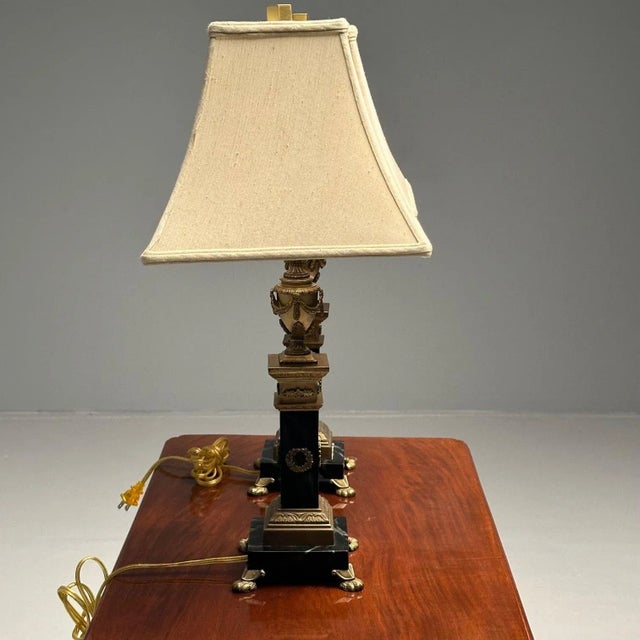 Pair of Hollywood Regency Bronze and Marble Table Lamps, Corinthian Column Form For Sale - Image 12 of 12