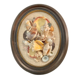 Vintage 1960’s Coastal Sailors Valentine Shell Wall Art – Real Seashell Collage on Linen in Oval Wood Frame For Sale
