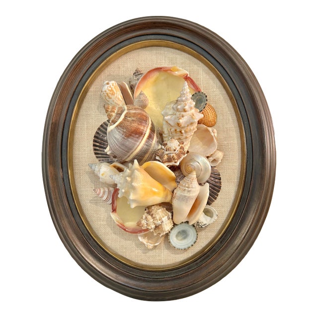 Vintage 1960’s Coastal Sailors Valentine Shell Wall Art – Real Seashell Collage on Linen in Oval Wood Frame For Sale