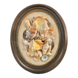 Vintage 1960’s Coastal Sailors Valentine Shell Wall Art – Real Seashell Collage on Linen in Oval Wood Frame