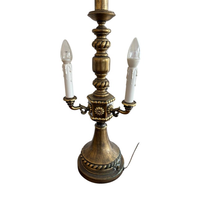 Vintage Brass Torchiere and Candelabra Table Lamp with Green Shades For Sale - Image 4 of 7