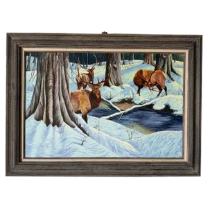 1980's Gregory A. Pole Tree Deers in Winter Landscape Oil Painting, Framed