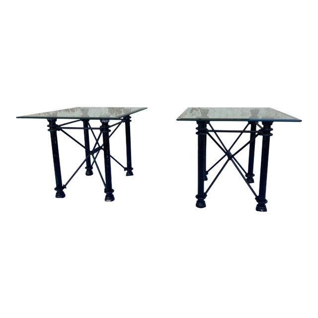 1980s Modern Wrought Iron Rectangular Base Beveled Glass Top Side Tables - a Pair For Sale