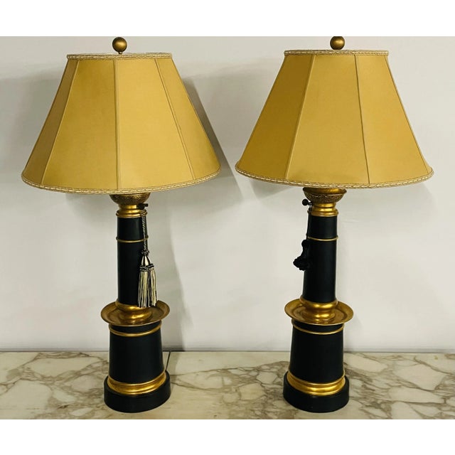 Pair of Hollywood Regency Style Table Lamps With Custom Shades, Ebony and Gilt For Sale - Image 11 of 11