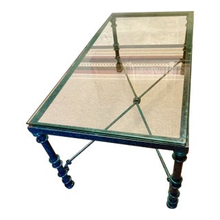 Vintage Brutalist Faux Verdigri Green Metal Glass Coffee Table For Sale