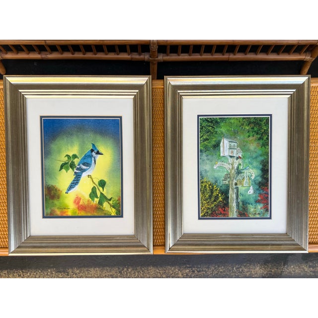 Wood Late 20th Century Framed Colorful Painting of Blue Jay Bird & Birdhouse Signed - Pair For Sale - Image 7 of 8