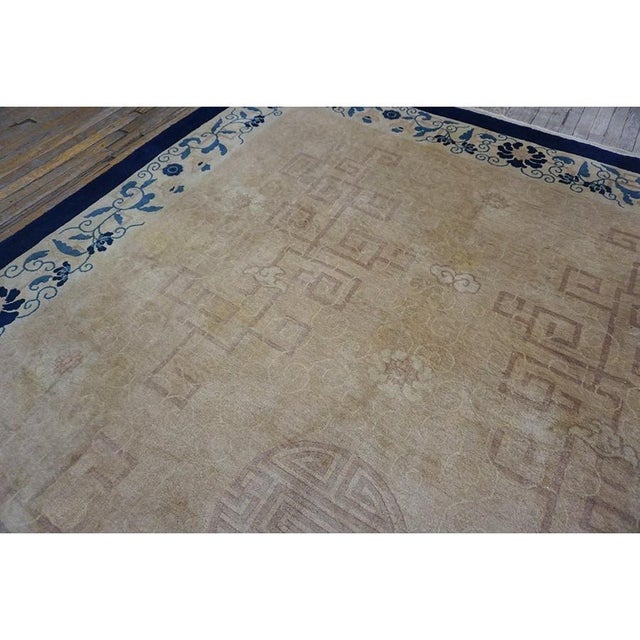 1930s Beige Open Field Light Blue Floral Shou Symbols Antique Chinese Peking Rug For Sale In New York - Image 6 of 10