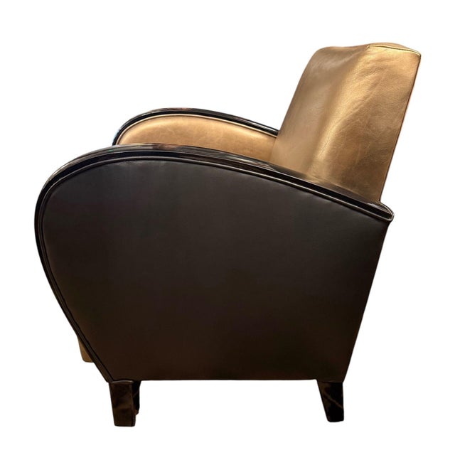 1930s Pair of French Art Deco Gold and Black Leather Club Chairs For Sale In Los Angeles - Image 6 of 9