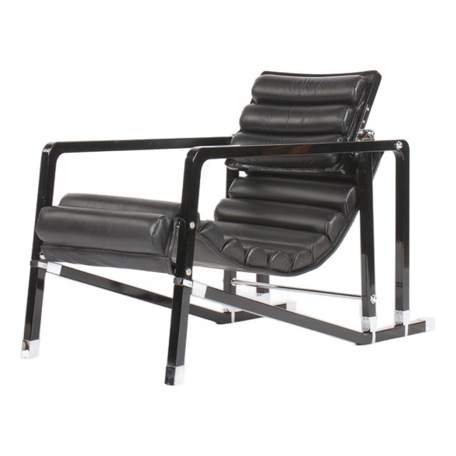 Transat Lounge Chair in Black Leather by Eileen Gray for Ecart International, 1980s For Sale