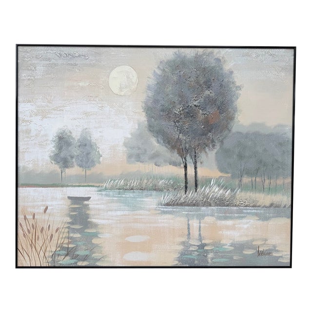 Vintage Lee Reynolds “Tranquil Moon” Vanguard Studios Landscape Painting | Large Textured Impasto Canvas | 60” X 48” For Sale