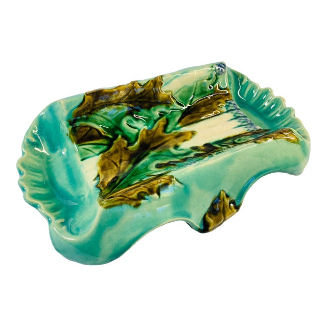 Rare Antique French Barbotine Majolica Turquoise Asparagus Serving Tray Platter Dish For Sale
