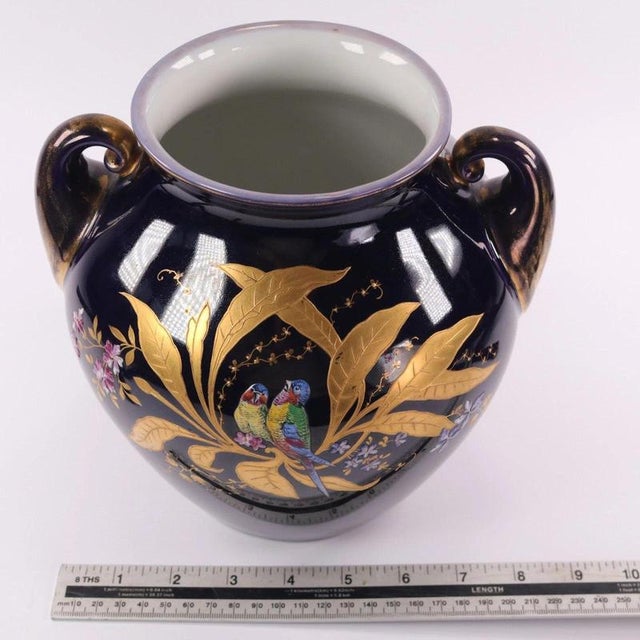 Antique Cobalt Blue Porcelain Twin-Handled Parrot Vase from Fraureuth, 1920s For Sale - Image 14 of 15