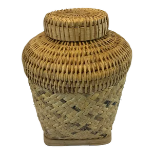 Vintage Rattan and Woven Bamboo Rice Basket With Top