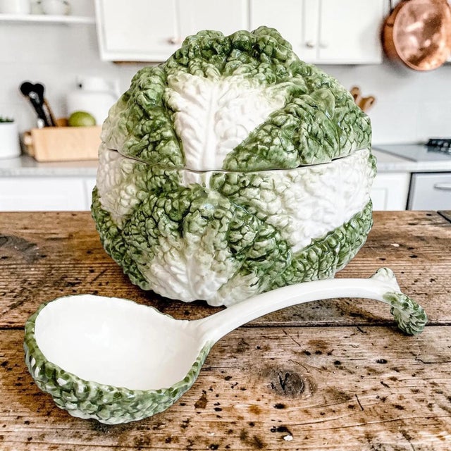 Elevate your dining experience with this Large Vintage Majolica Cabbage Lidded Soup Tureen, a stunning centerpiece that...