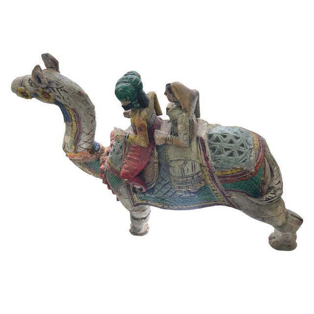 1970s Vintage Indian Folk Art Polychrome Carved Wood Camel With Riders For Sale - Image 5 of 12