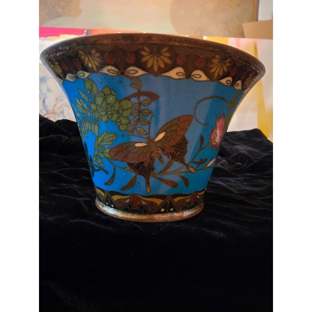 Metal Antique Chinese Enamel Cloisonne Butterfly Bowl For Sale - Image 7 of 10