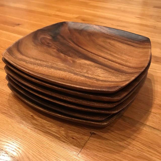 Contemporary Squared Acacia Wood Dinner Plates - Set of 6 | Chairish