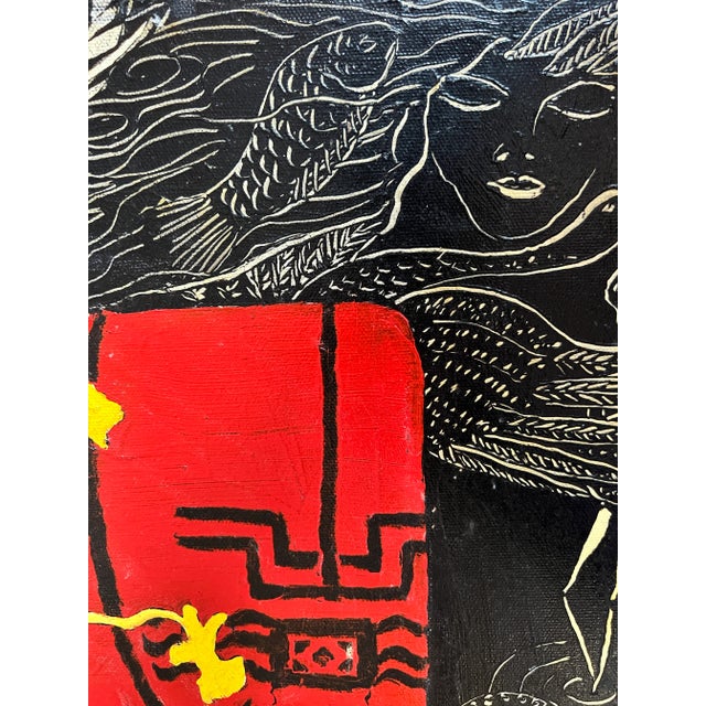 Large red and black oil painting combining various aspects: Yellow orchids in the foreground, red and black patterns, and...