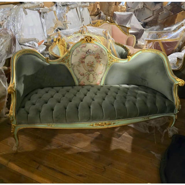 French French Louis XV Three-Seat Velvet Sofa With Floral Damask Medallion & Hand-Gilded Frame For Sale - Image 3 of 4