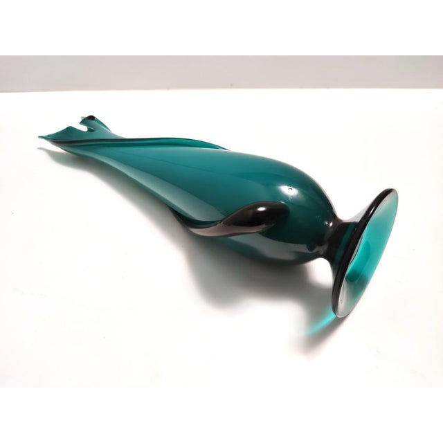 1960s Vintage Teal Encased and Hand-Blown Murano Glass Flower Vase, Italy, 1960s For Sale - Image 5 of 12