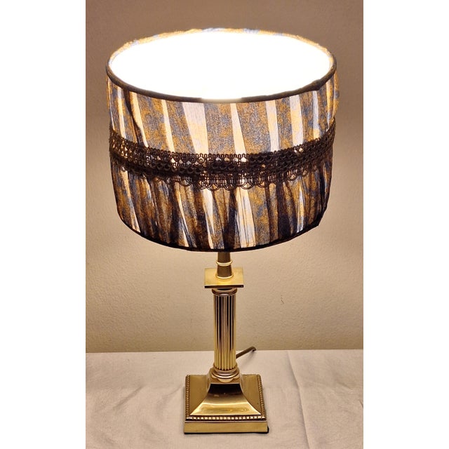 Vintage Table Lamp with Ornate Brass Base and Blue Fabric Shade, 1990s For Sale - Image 4 of 7