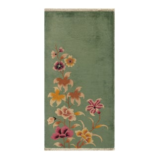 1920s Green Floral Vintage Chinese Art Deco Hand Knotted Wool Rug 2' X 3'10" For Sale