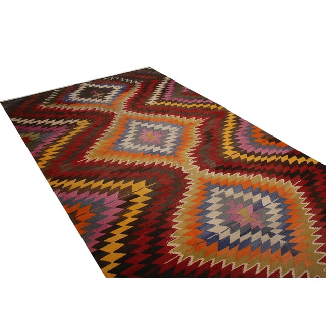 Rug & Kilim Vintage Mid-Century Diamond Beige-Brown and Green Wool Kilim Rug For Sale - Image 4 of 7