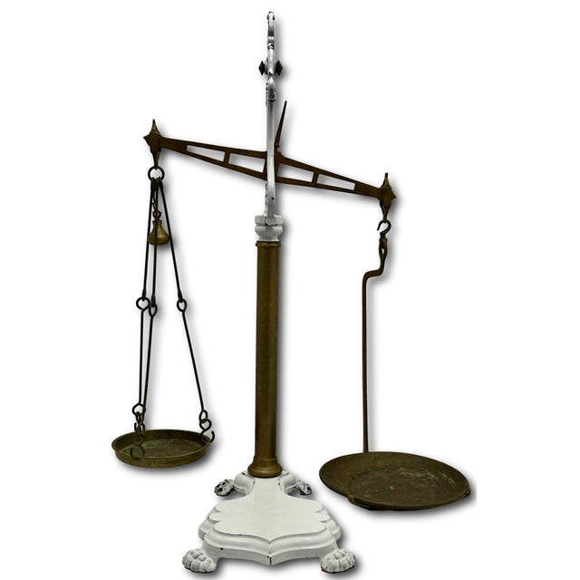Very Large Size Antique Brass & Enameled Cast Iron Manchester England Wholesale Groceries Sellers Scale - 34 Inches Tall For Sale In Boston - Image 6 of 18