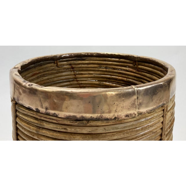 Mid 20th Century Vintage Gabriella Crespi Style Coiled Rattan Brass Trim Basket For Sale - Image 5 of 5
