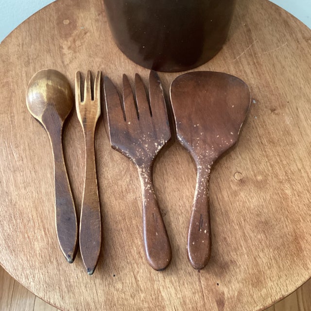 Antique Brown Glazed Stoneware Crock W/Carved Wooden Utensils France For Sale In Chicago - Image 6 of 12
