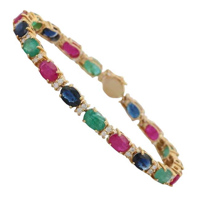 15.01 Ct Emerald, Ruby and Blue Sapphire Tennis Bracelet in 14k Yellow Gold For Sale