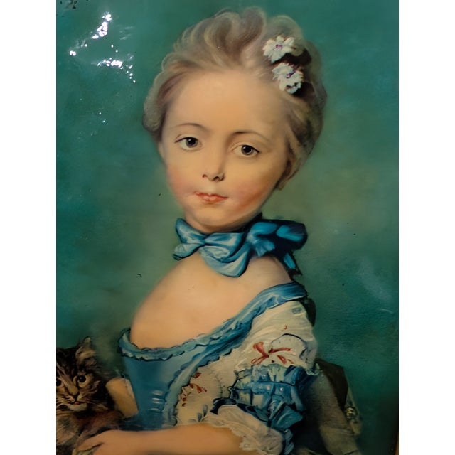 Wood Vintage Framed Hand-Painted Metal Portrait Plaque, After Perronneau, Girl With Kitten For Sale - Image 7 of 8