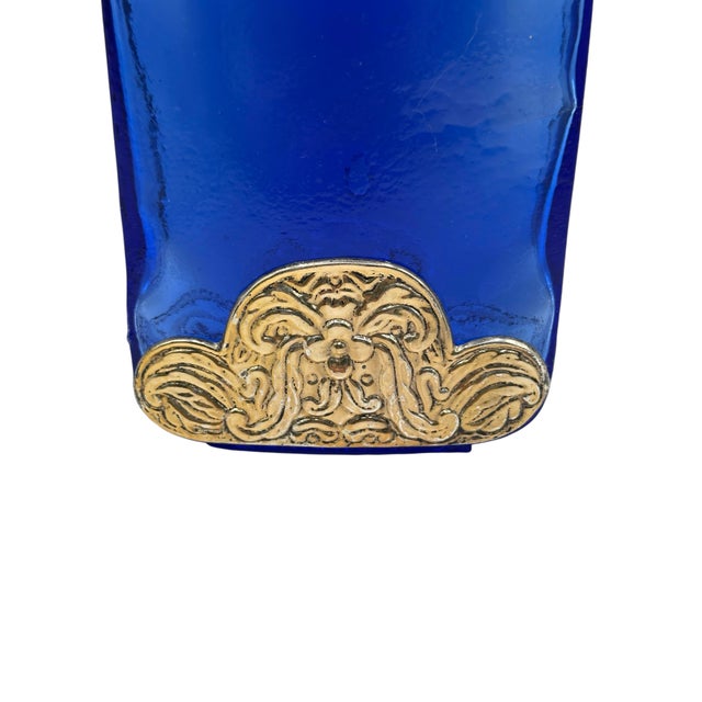 1960s Vintage Cobalt Blue Spanish Art Glass Flask With Ornate Embossed Scrollwork Medallion For Sale - Image 5 of 12
