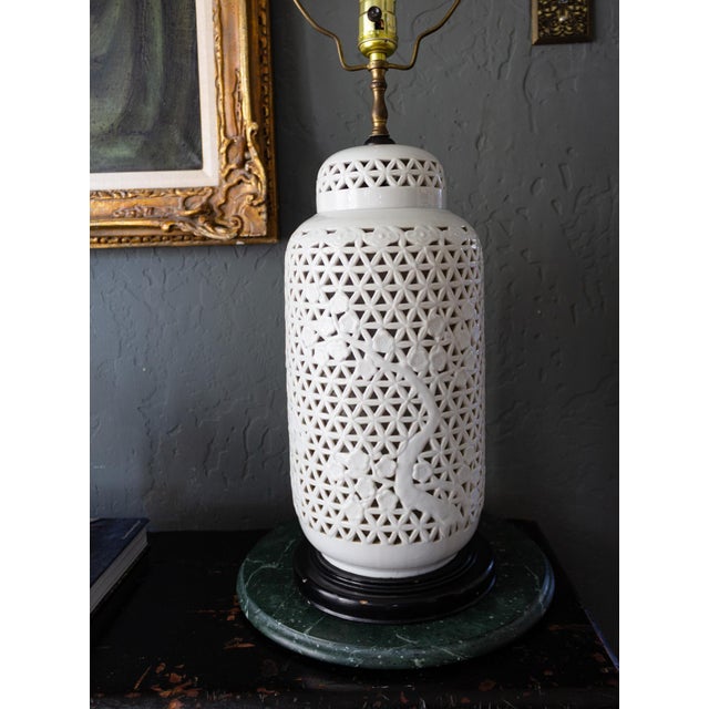1960s Pierced Porcelain Blanc De Chine Ginger Jar Lamp For Sale - Image 13 of 18