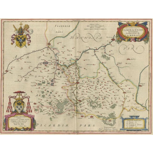 17th Century Map of Cambrai & Artois with Heraldic Cartouches from Blaeu, 1642 For Sale - Image 5 of 11