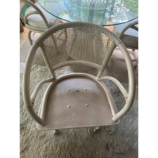 White Vintage Rattan Dining Set, White Bamboo Boho Table With Glass Top For Sale - Image 8 of 12