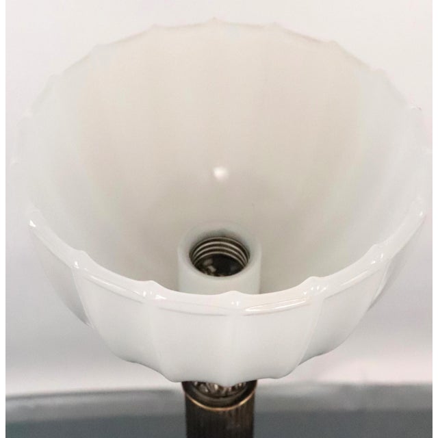 Mid 20th Century Restored Art Deco Brass Milk Glass Torchiere Floor Lamp For Sale - Image 4 of 8