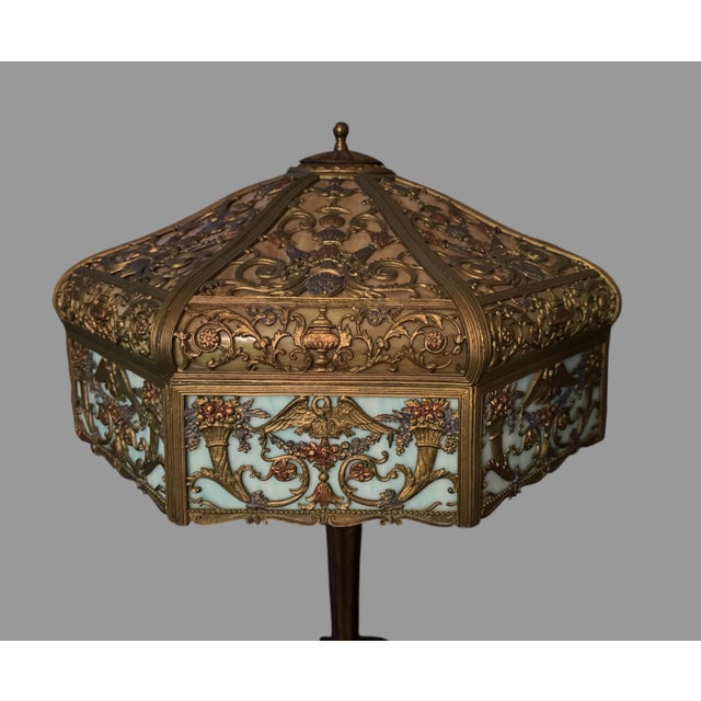 Early 20th Century Victorian Table Lamp With Multiple Molded Colored Slag Glass Lamp Shade Panels 27" For Sale - Image 10 of 12