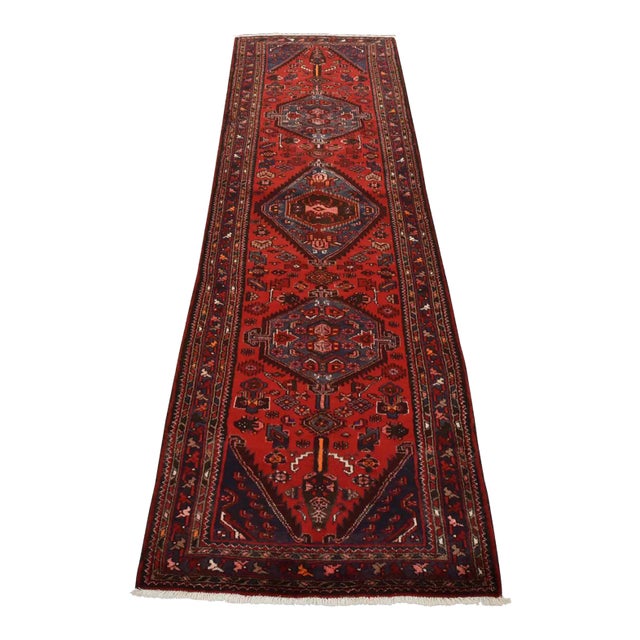 Zanjan Runner 3’4” X 10′ Red Wool Vintage Tribal Hand-Knotted Oriental Rug For Sale