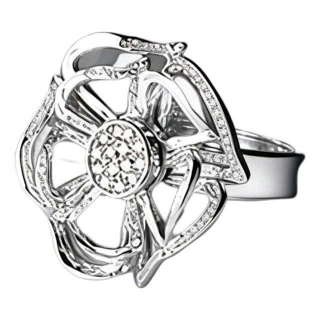 Mid 20th Century 14k White Gold Filigree Diamond Floral Cocktail Ring, Size 7.5 For Sale