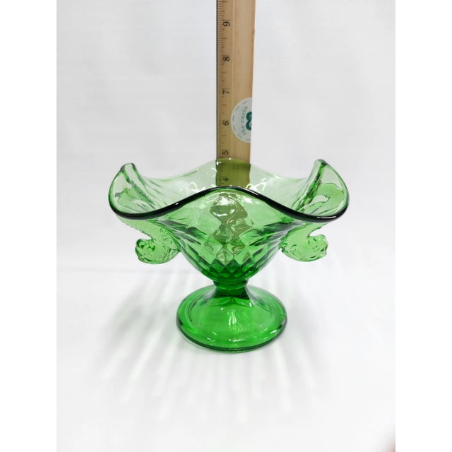 Vintage Fenton Dolphin Green Uranium Glass Two Handled Crimped Bowl For Sale - Image 11 of 11