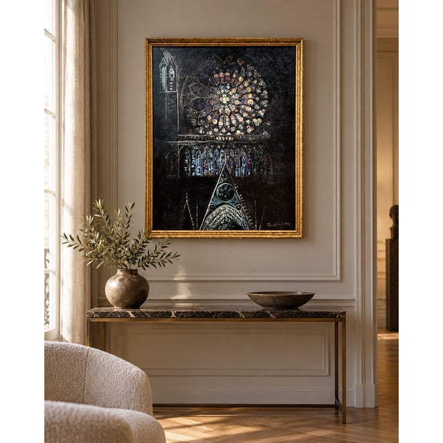 Vintage oil painting on panel depicting the interior of Strasbourg Cathedral, centered on its monumental rose window and...