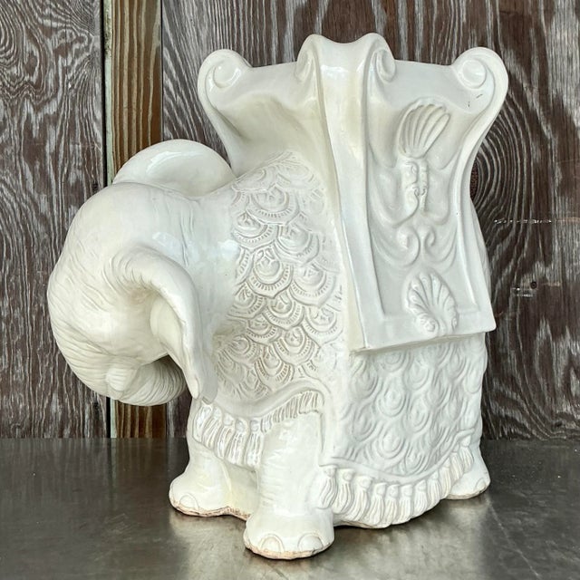 Ivory Vintage Boho Glazed Ceramic Elephant Low Stool For Sale - Image 8 of 9